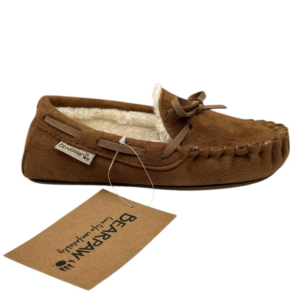 Bearpaw Boys Faux Fur Lined Slippers Size 13-1Y (M) Brown Warm Cozy Winter Shoes